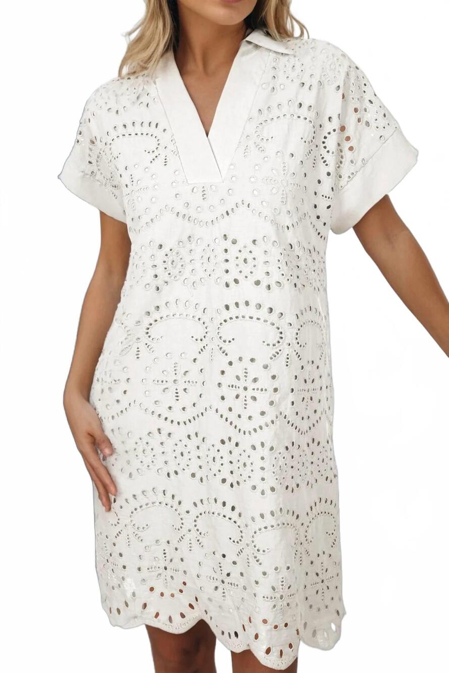 NEW LA SOCIETY solid color eyelet embroidered t shirt mini dress in white